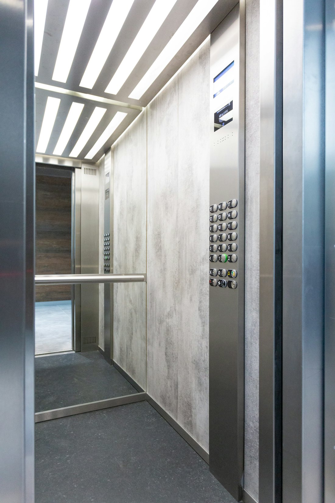 The inside of an elevator car